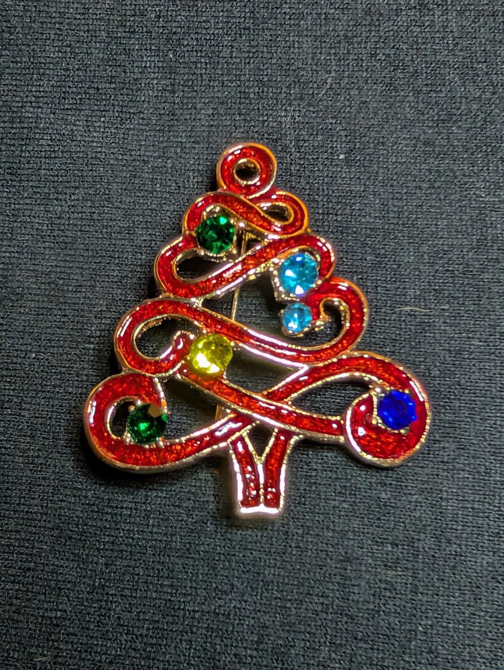 Red Enamel Christmas Tree Brooch with Multicolor Crystals